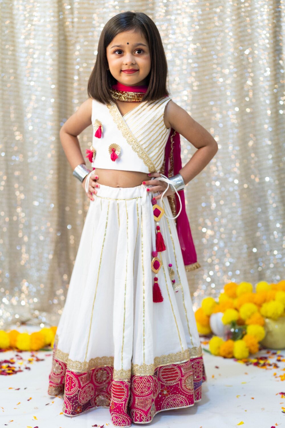 Overlapping top with Rani and White colour chaniyacholi