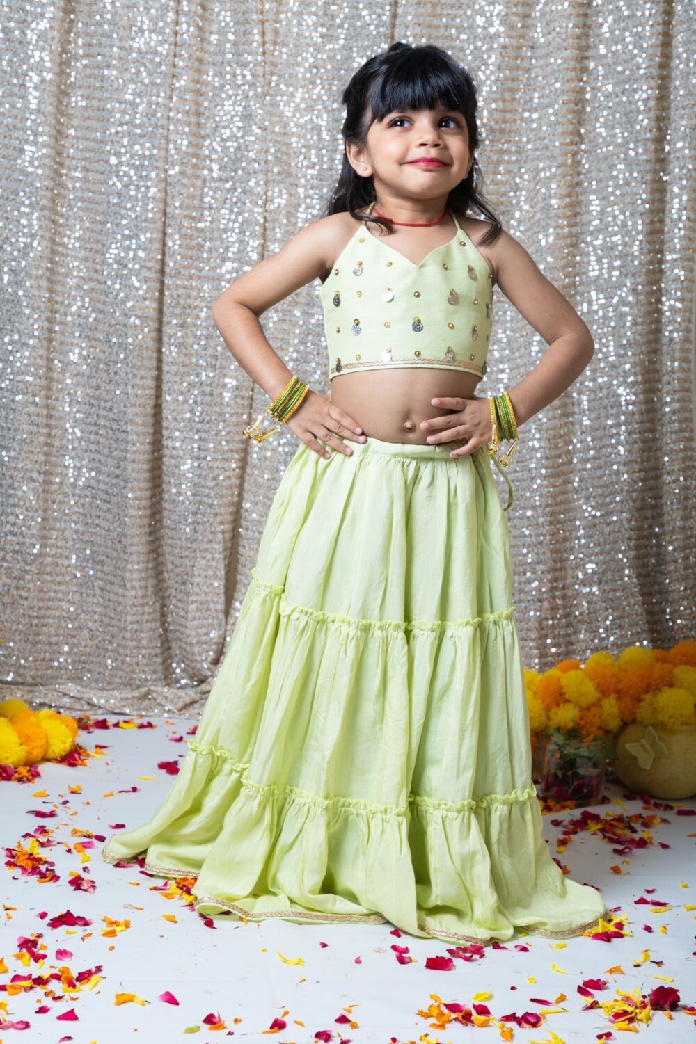 Pastel green three-layered chaniyacholi