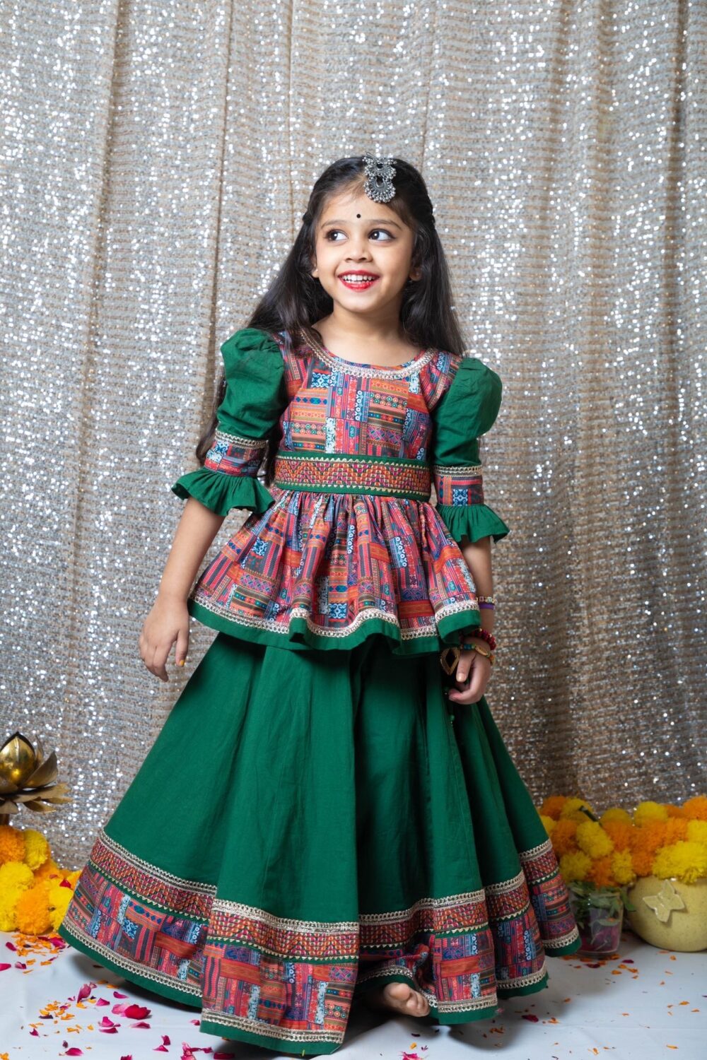 British green chaniyacholi with a peplum blouse - Image 2