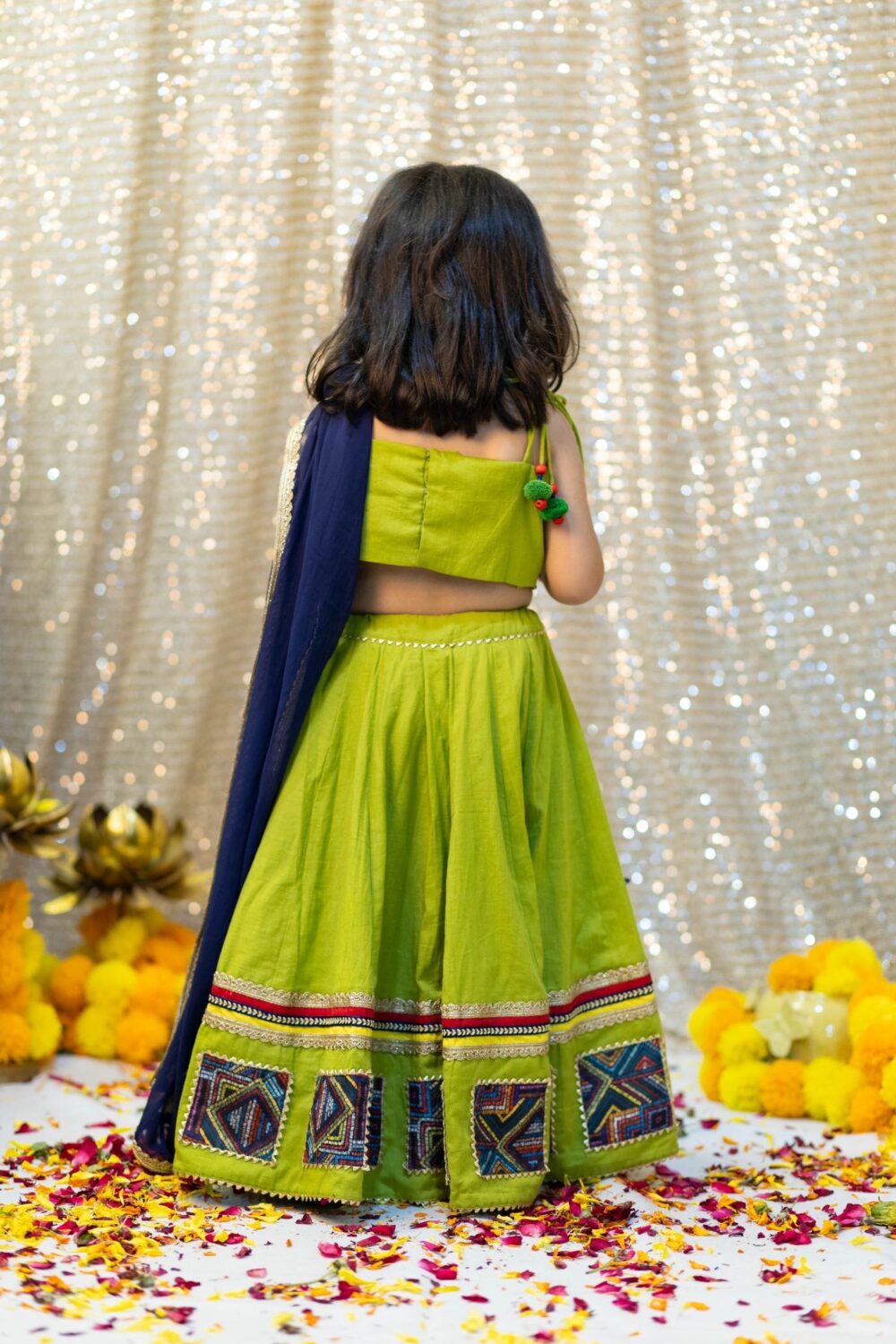 Parrot Green Chaniyacholi with blue patchwork