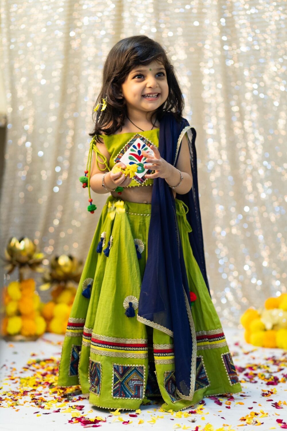 Parrot Green Chaniyacholi with blue patchwork - Image 2