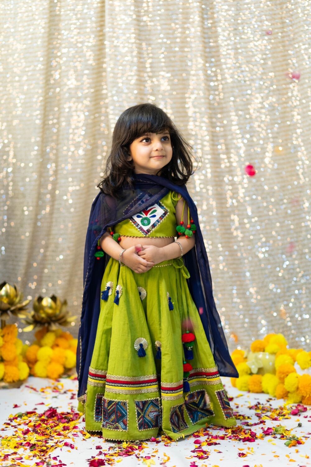 Parrot Green Chaniyacholi with blue patchwork - Image 3