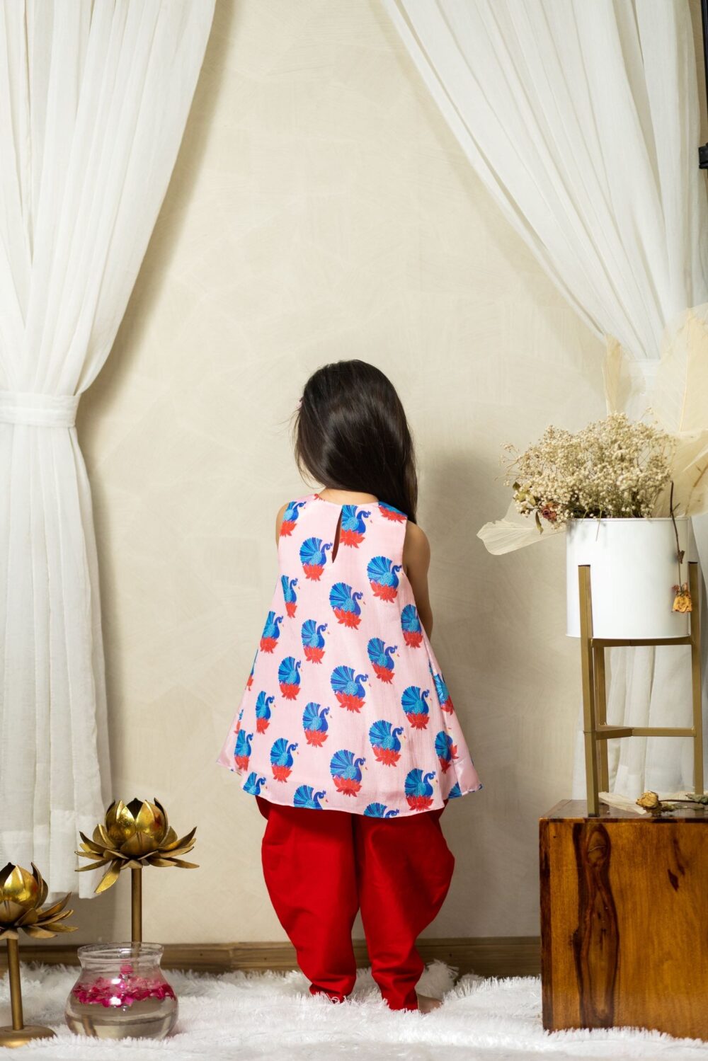 Red Dhoti with Peacock Printed Top
