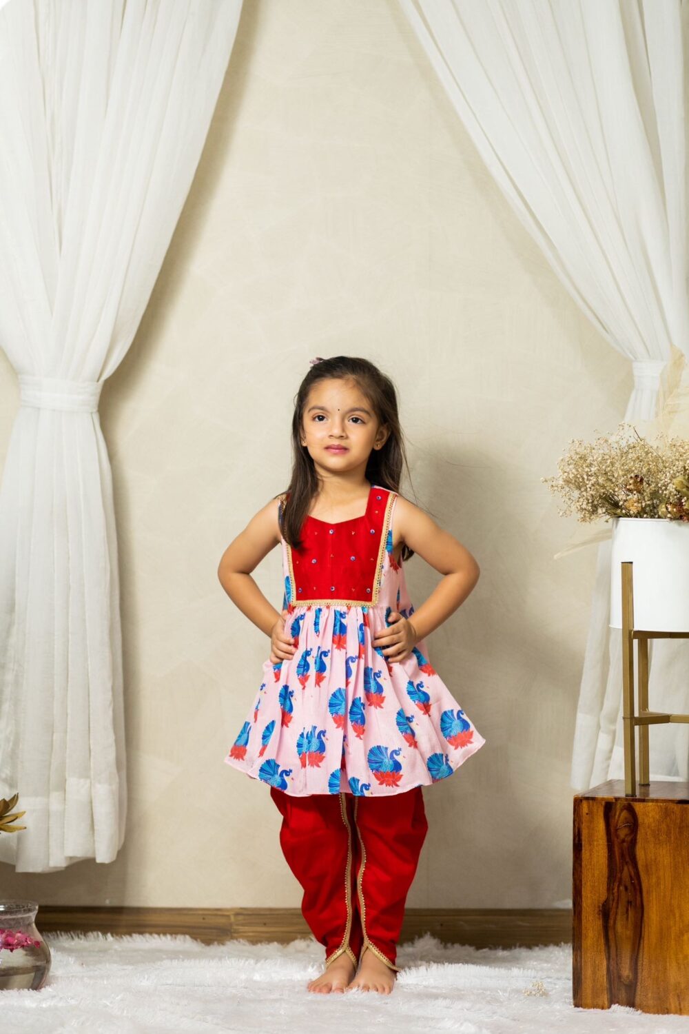 Red Dhoti with Peacock Printed Top - Image 2