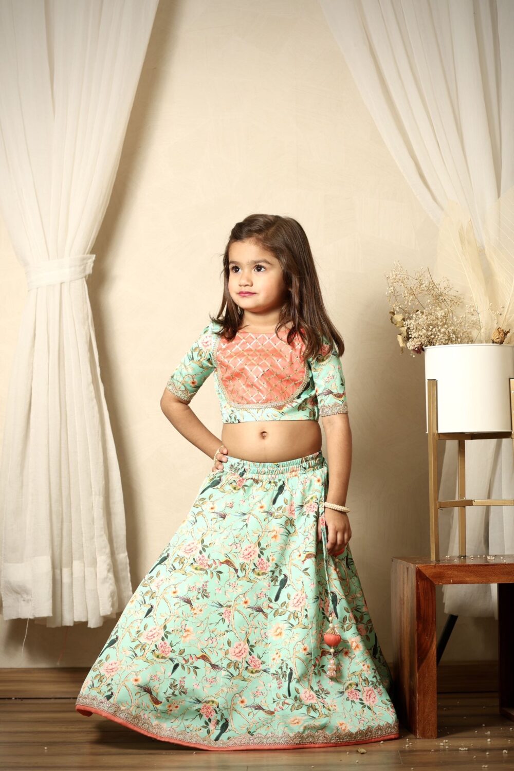 light green floral lehenga with lace work blouse
