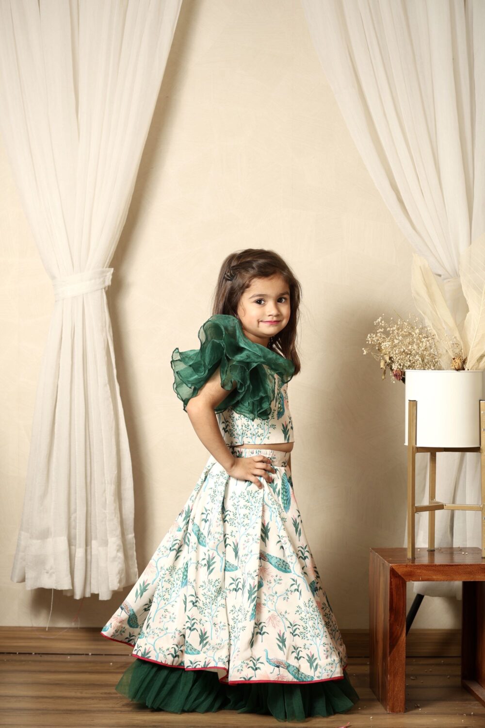peacock lehenga with one shouler top