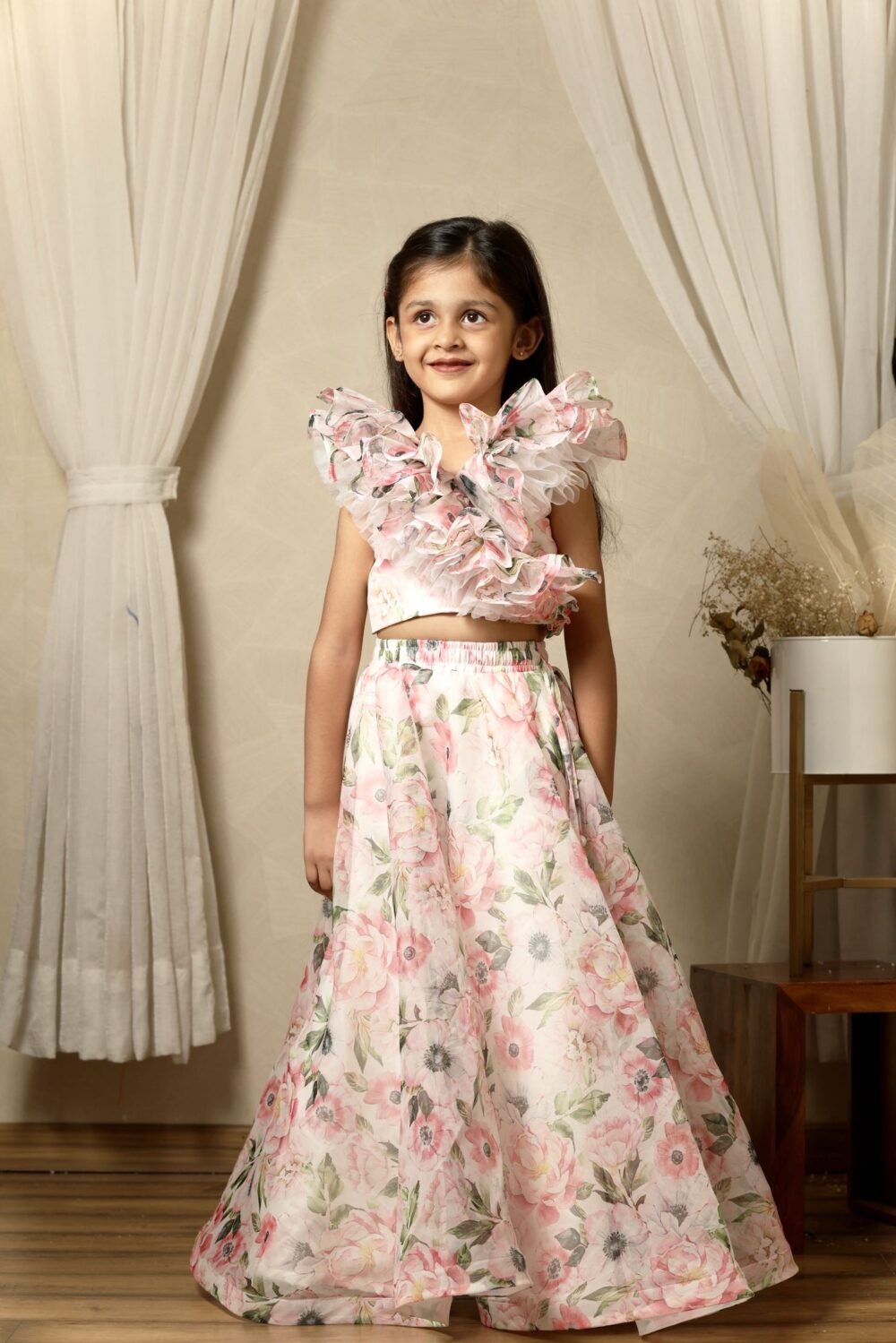 white and pink floral skirt and top