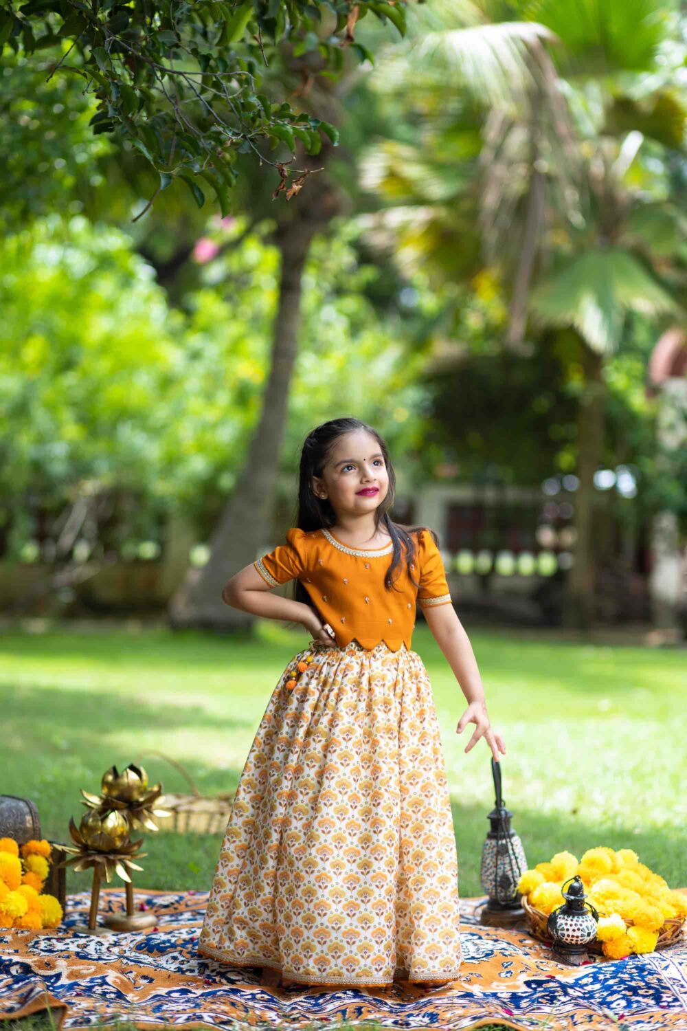 Orange top with printed skirt