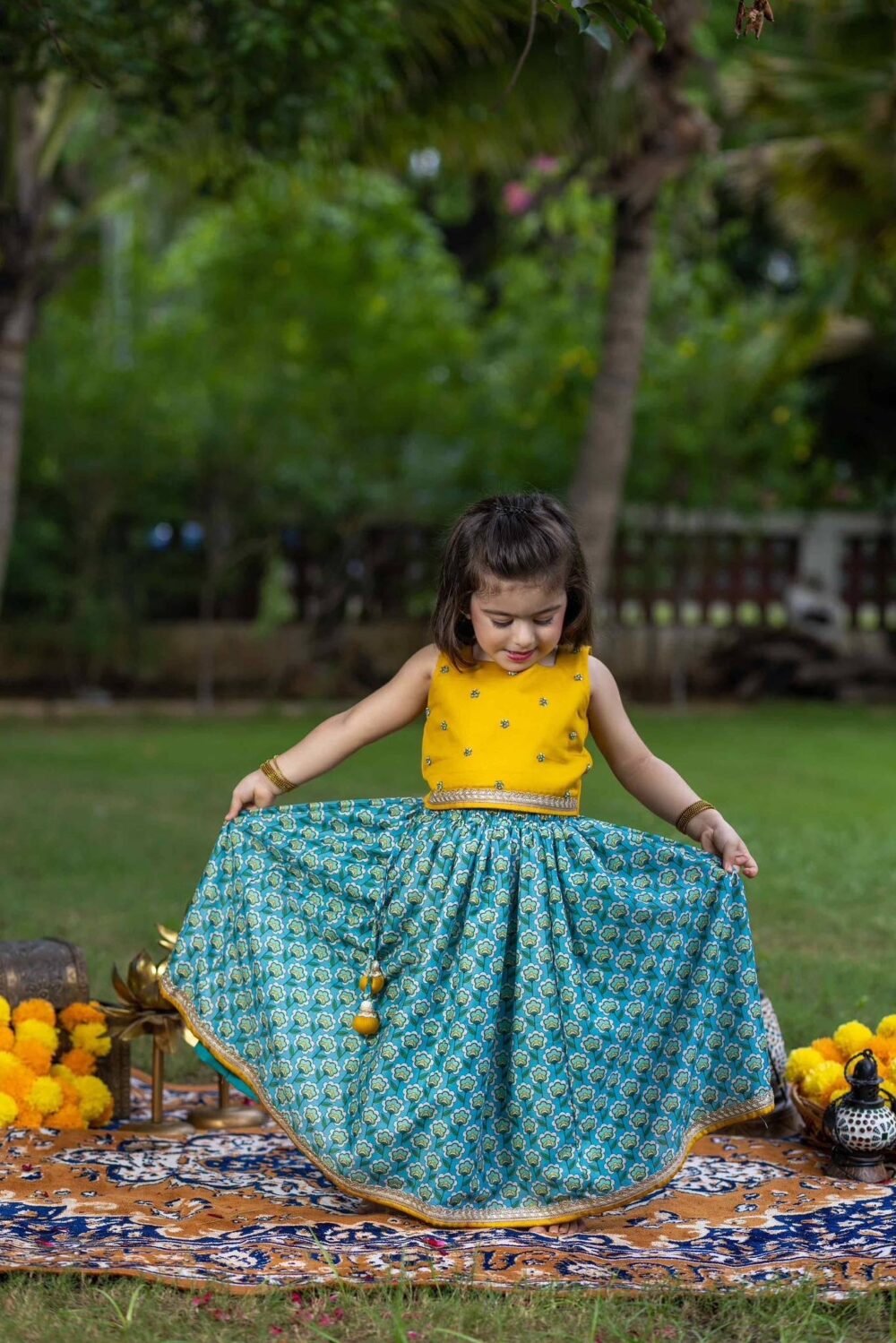 Yellow top with printed skirt