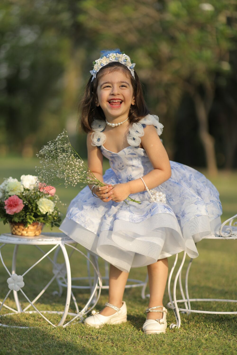 White and blue floral dress