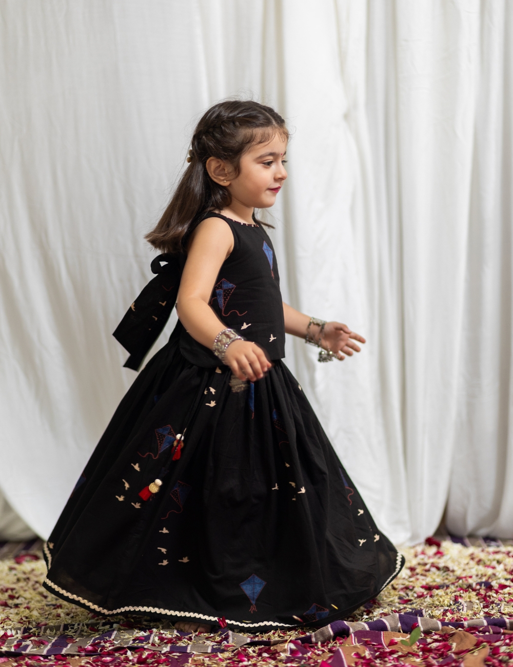 Black Blue Kite & Bird Embroidered Skirt - Image 3