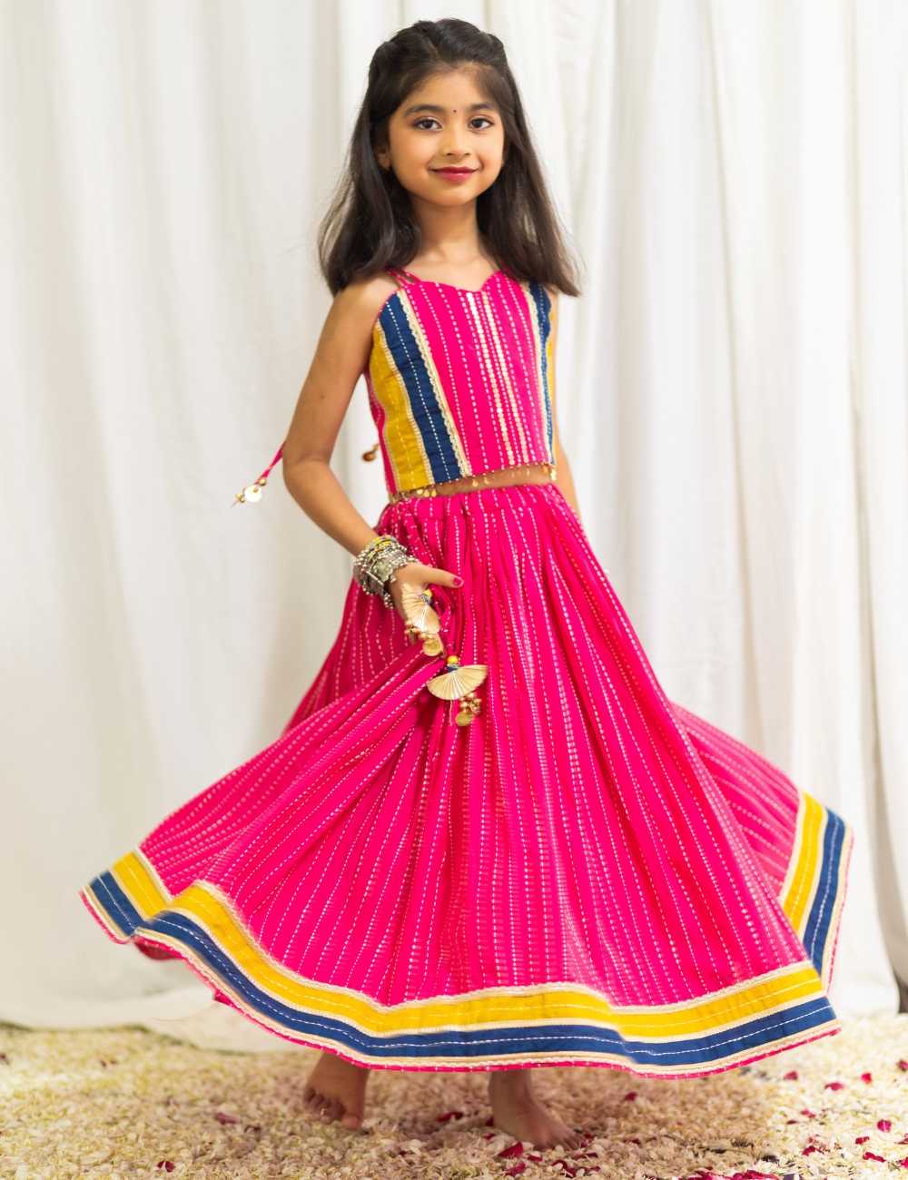 Pink Striped Twirl Lehenga Choli Set - Image 3